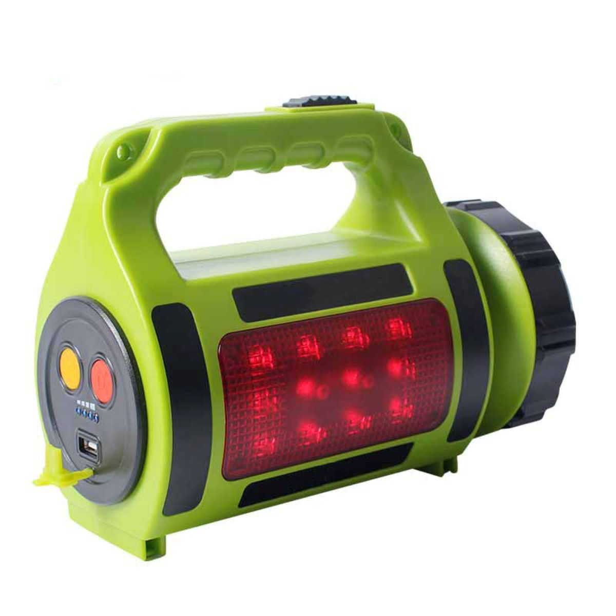 Grüne Taschenlampe mit roten Lichtern und USB-Anschluss. Schwarze Akzente und Griff.