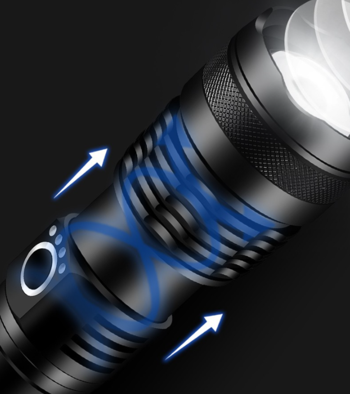 Schwarze Taschenlampe mit blauem Lichteffekt und weißen Pfeilen, die den Lichtstrom anzeigen.