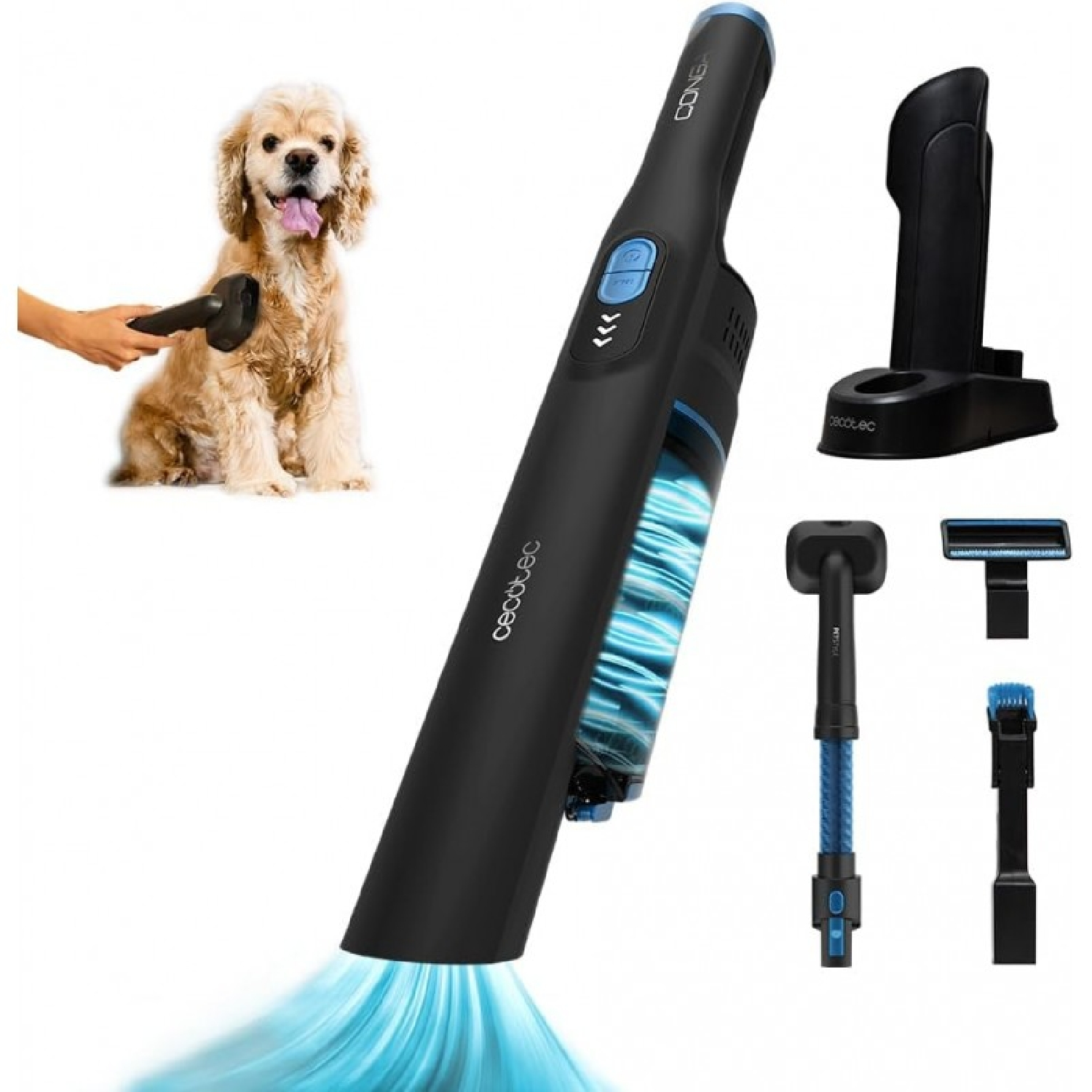 Cane aspirato con un aspirapolvere portatile, con accessori e stazione di ricarica.