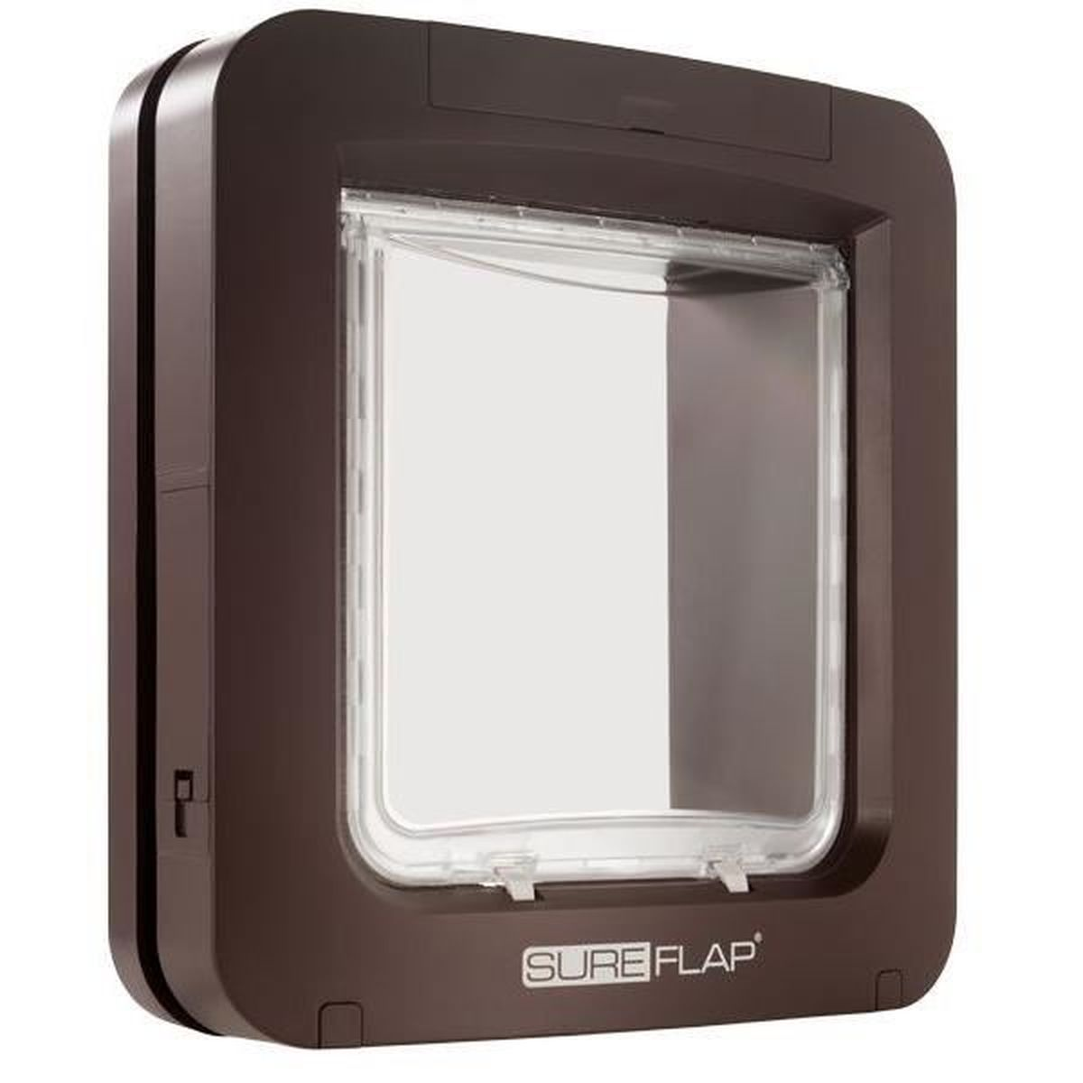Braune SureFlap-Haustiertür mit durchsichtiger Klappe, auf weißem Hintergrund.