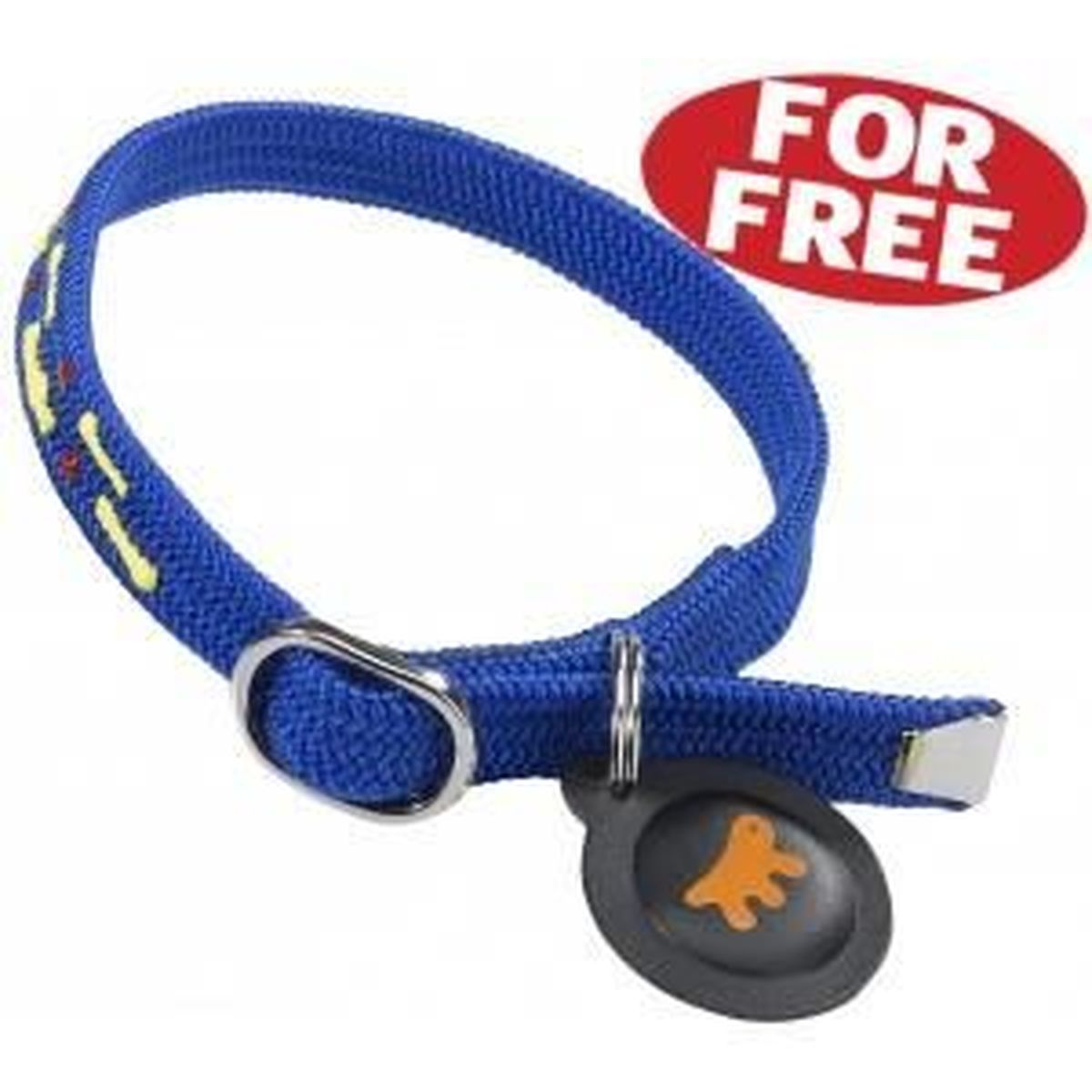Ein blaues Katzenhalsband mit Anhänger. Der Anhänger hat einen Pfotenabdruck und die Aufschrift 'FOR FREE'.
