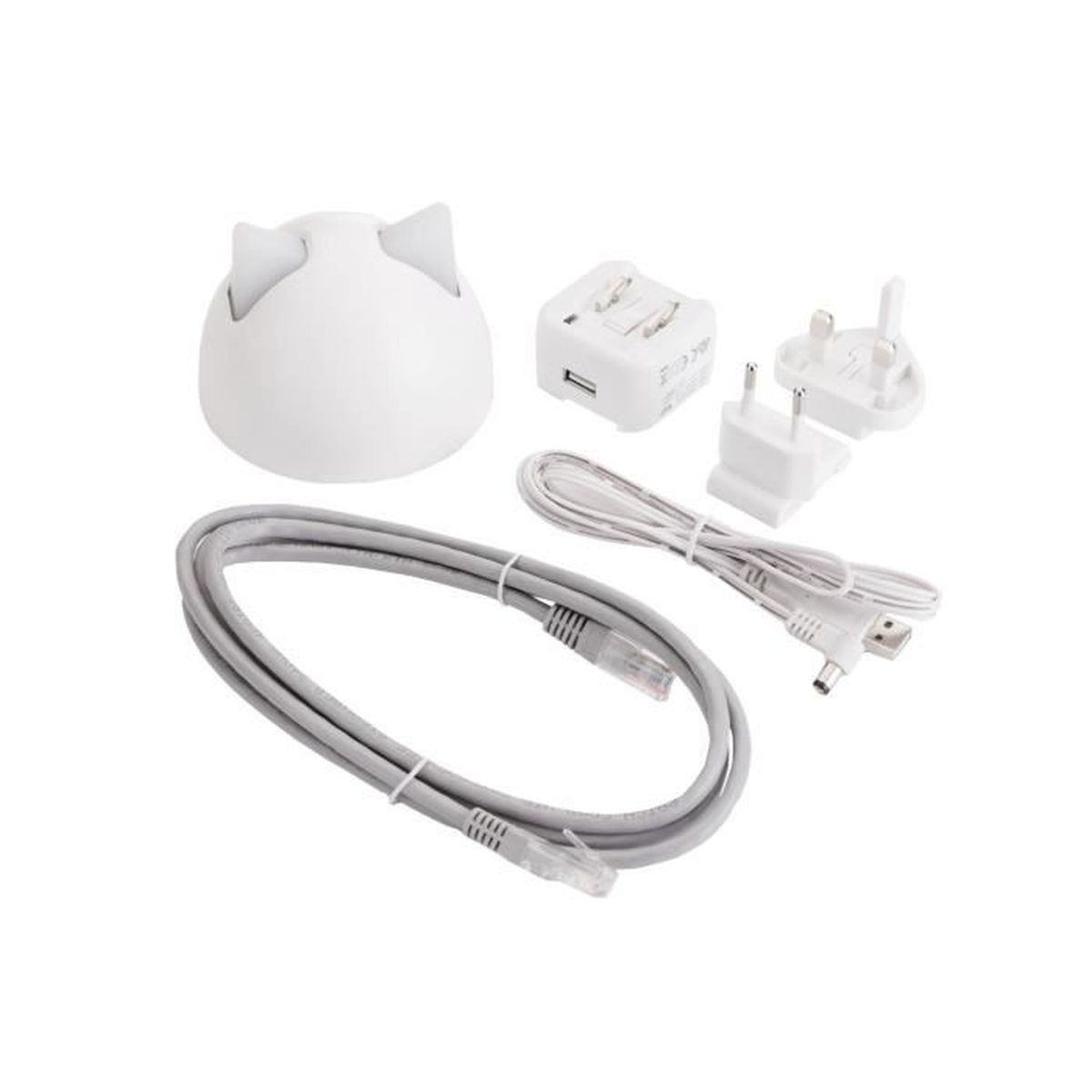 Weißes katzenförmiges Nachtlicht mit Zubehör: Kabel und Stecker.