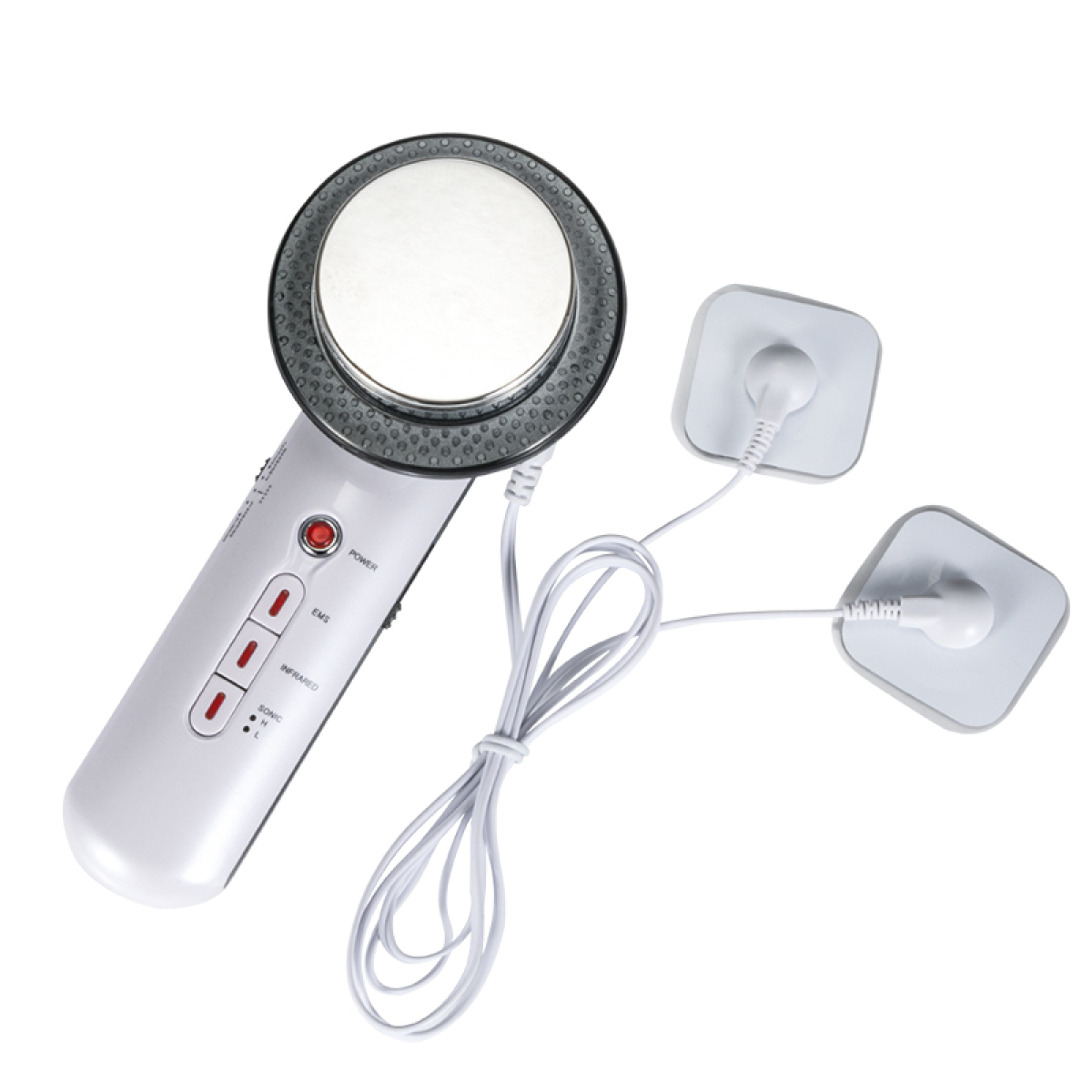 Weißes Schönheitsgerät mit zwei weißen Pads und einem weißen Kabel. Rote und weiße Lichter sind sichtbar.