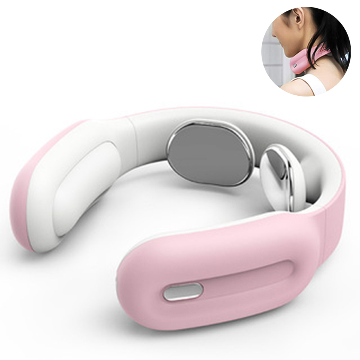 Rosa Nackenmassagegerät, ergonomisches Design, weiße und silberne Akzente, isoliert.
