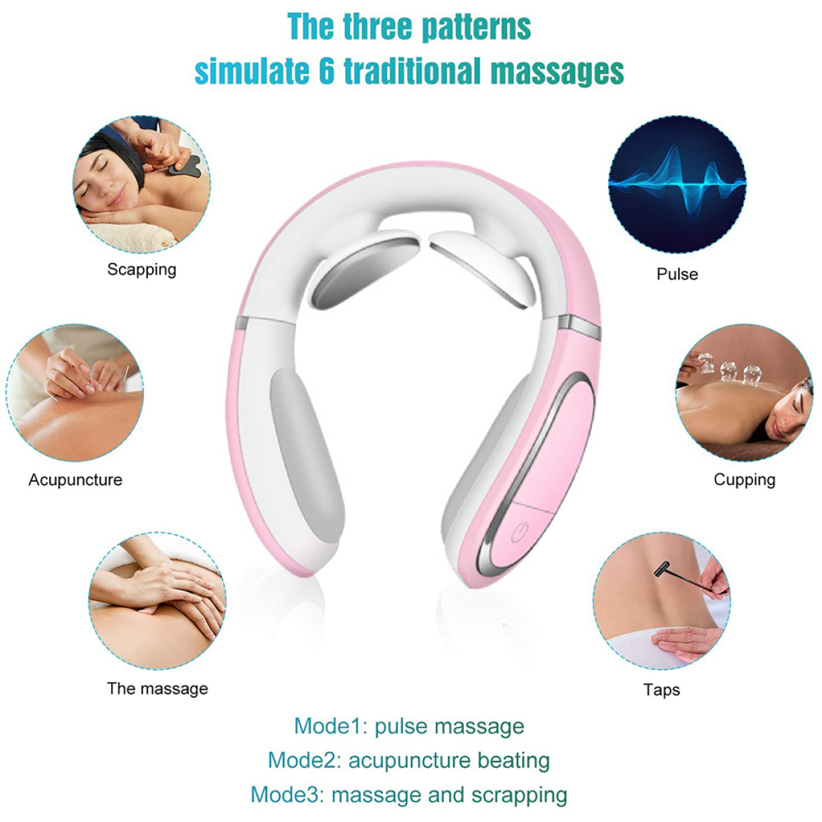 Nackenmassagegerät mit Bildern von Massagetechniken wie Akupunktur und Schröpfen.