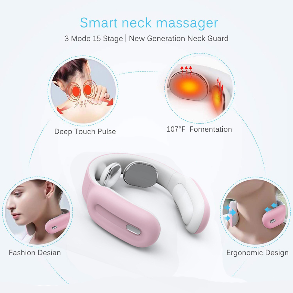Nackenmassagegerät mit Diagrammen. Rosa und weißes Design. Zeigt Deep Touch Pulse und mehr.