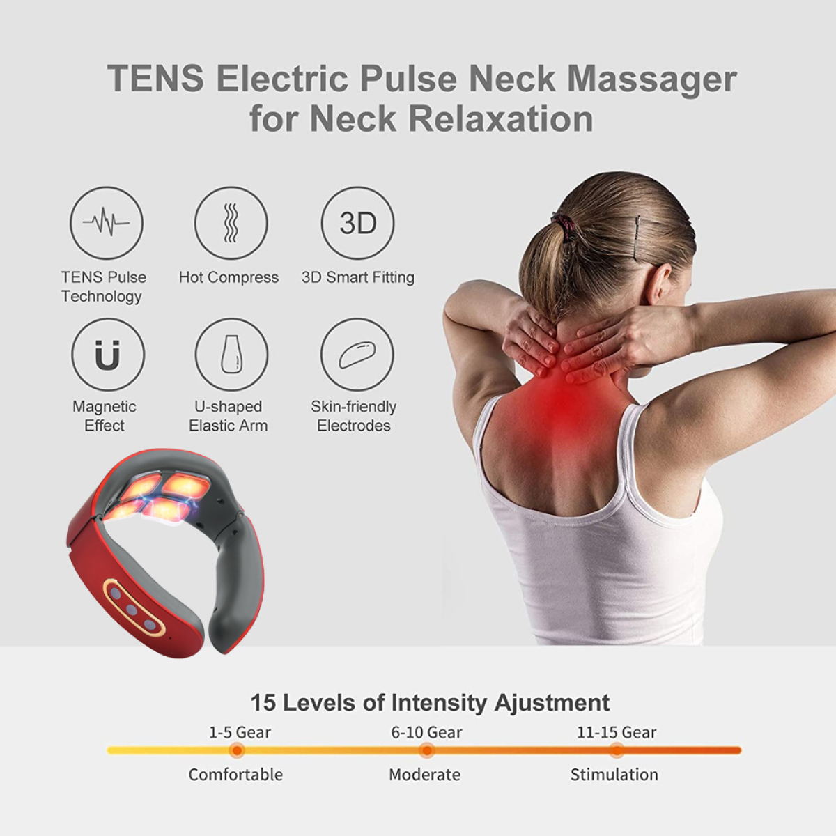 Nackenmassagegerät mit Bedienelementen und einer Frau, die es benutzt. Zeigt TENS-Technologie.