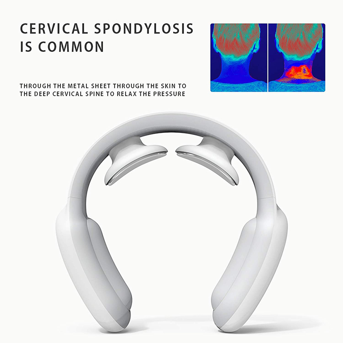 Weißes Nackenmassagegerät, Text: Zervikale Spondylose ist häufig, und Bilder von Nacken-Scans.