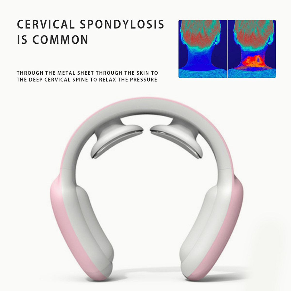 Nackenmassagegerät, weiß und rosa, mit Text: Zervikale Spondylose ist häufig. Bilder von Nacken-Scans sind sichtbar.