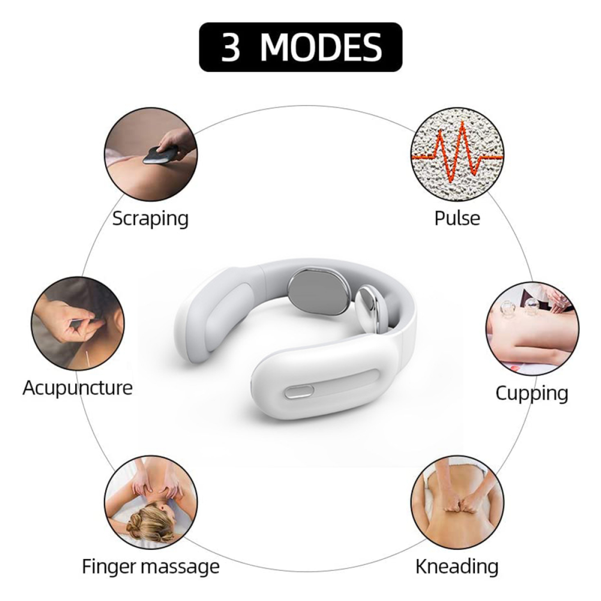 Nackenmassagegerät mit sechs Behandlungsmodi: Schaben, Akupunktur, Fingermassage, Schröpfen, Kneten, Puls.
