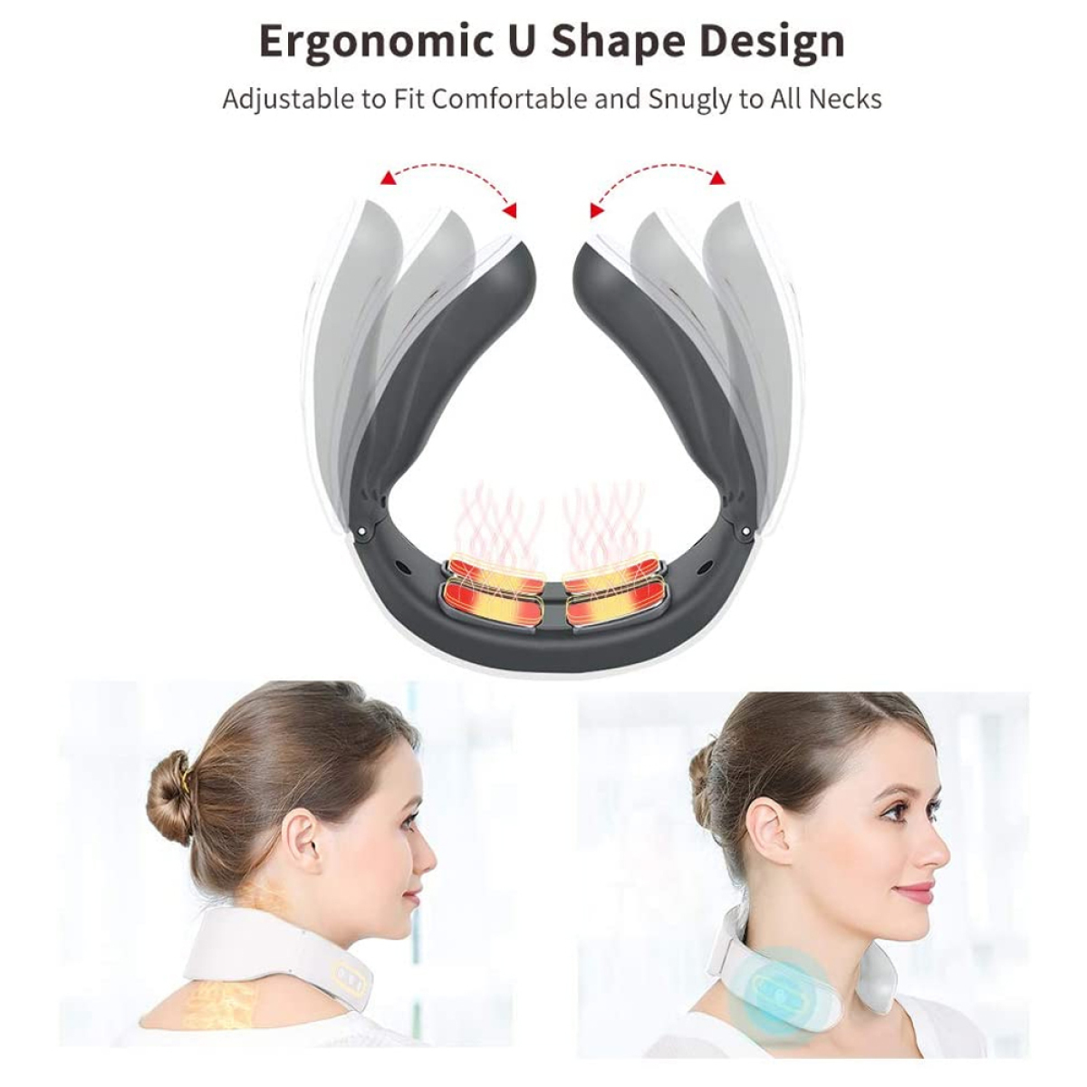 Nackenmassagegerät mit U-Form und zwei Frauen, die es benutzen. Text sagt ergonomisch und verstellbar.