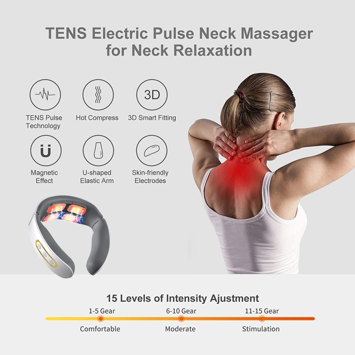 Nackenmassagegerät mit Bedienelementen und einem Diagramm, das seine Funktionen und Intensitätsstufen zeigt.