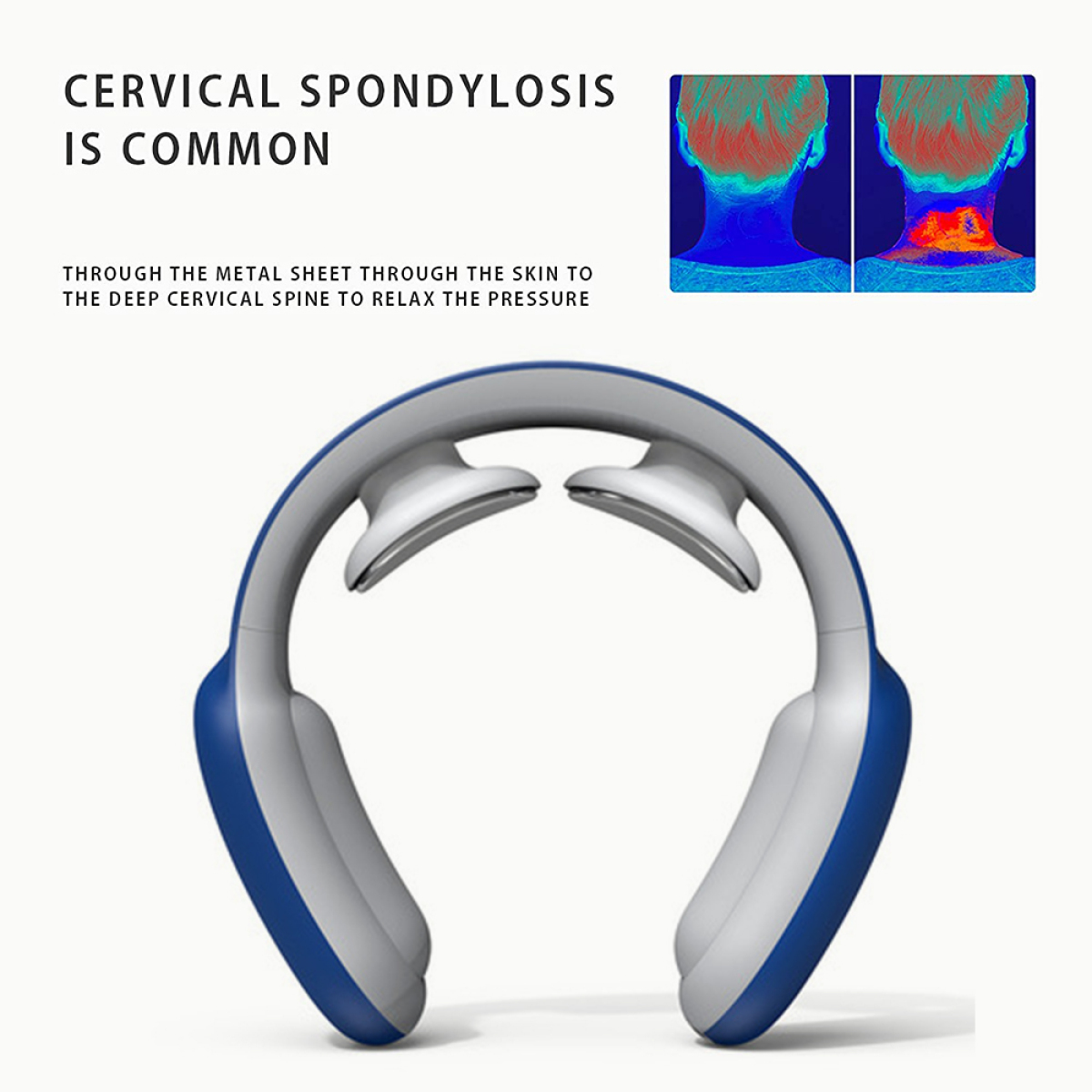 Medizinisches Gerät, blau und grau, für Nackenschmerzen. Text: Zervikale Spondylose ist üblich.
