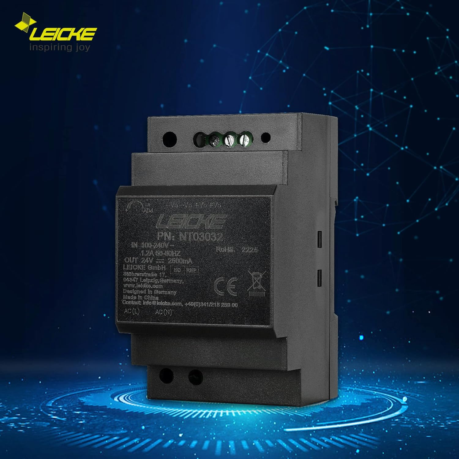 Ein schwarzes Elektrogerät mit Leiche-Logo auf blauem Untergrund mit Leuchtmuster.