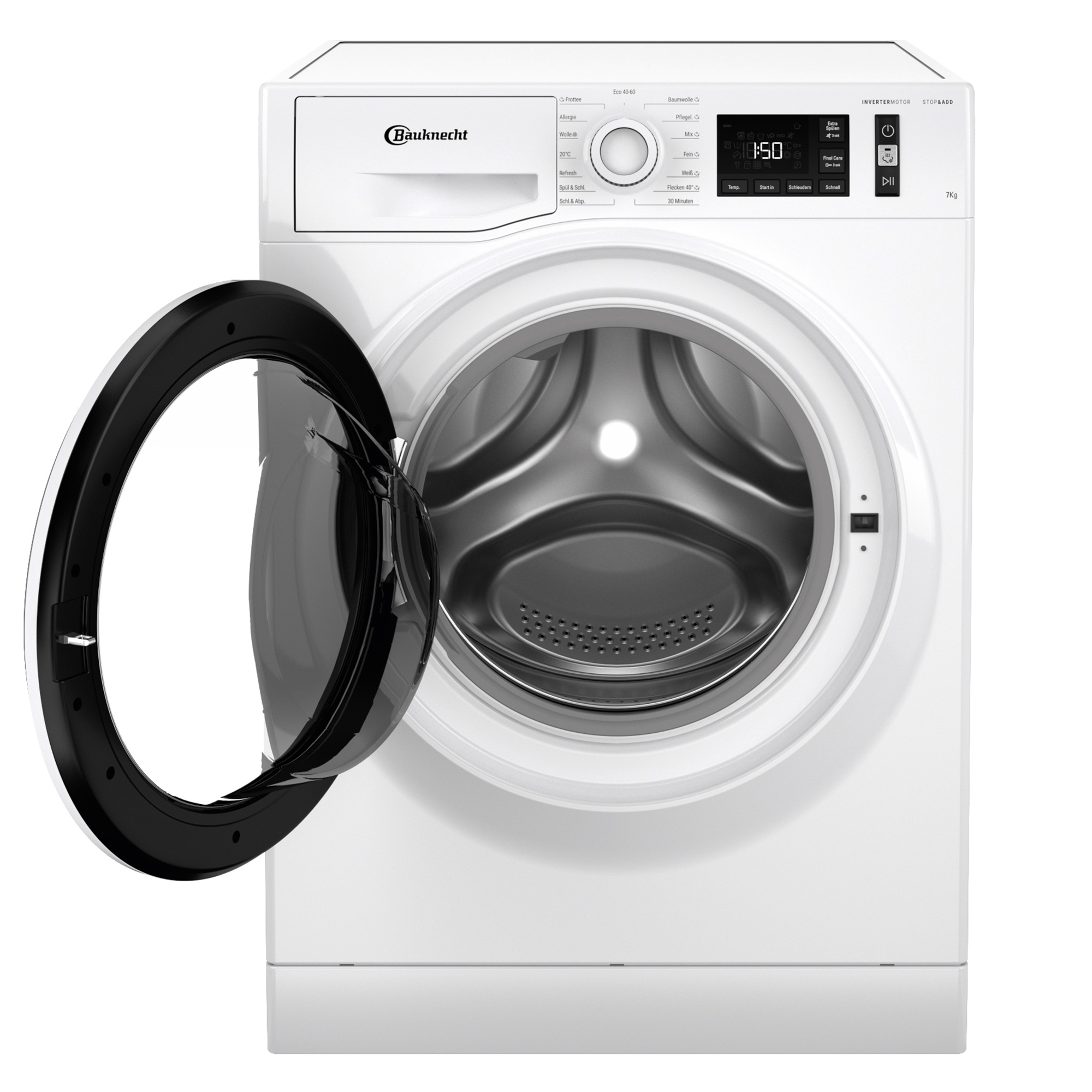 Weiße Waschmaschine mit offener schwarzer Tür.