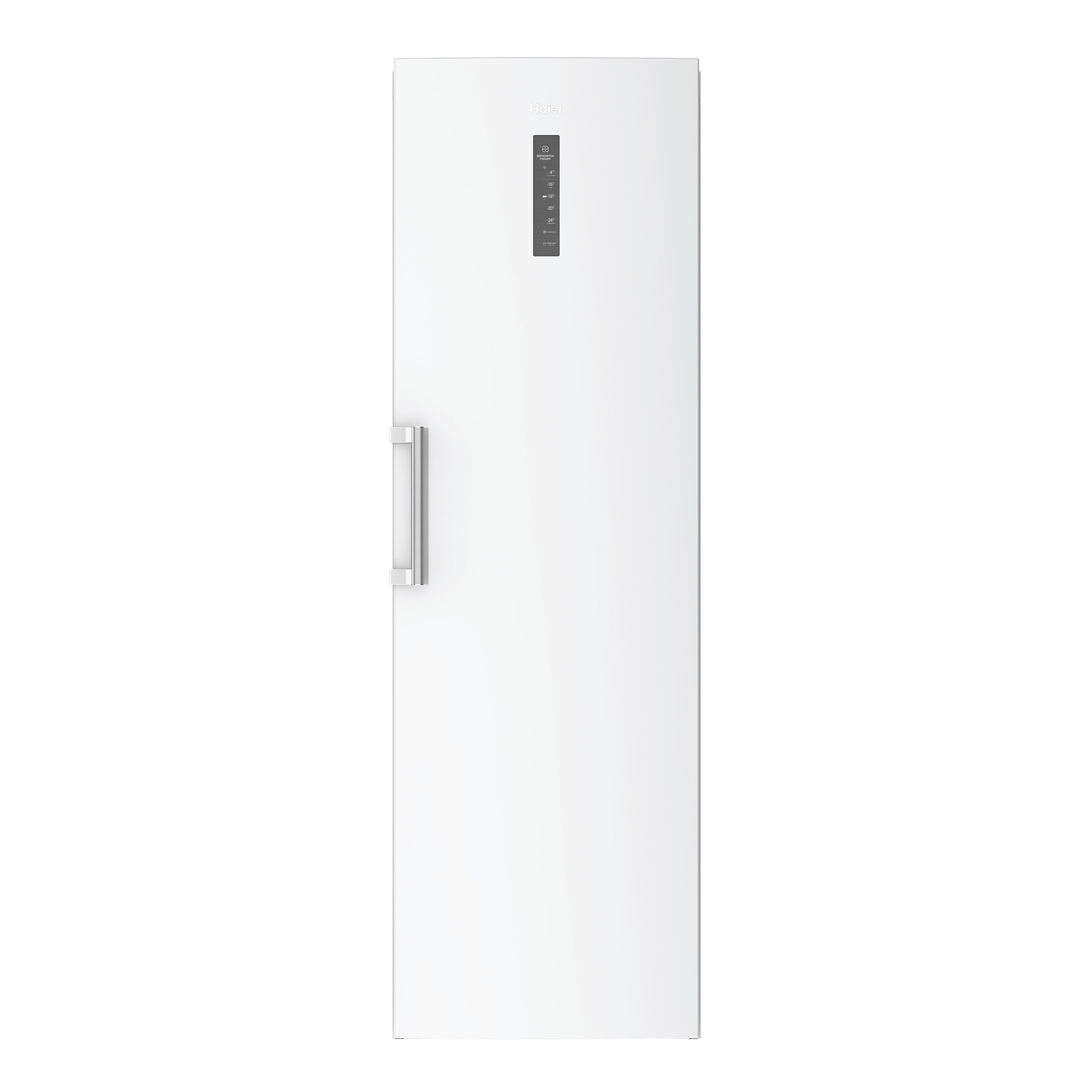 Weißer hoher Gefrierschrank. Silberner Griff, schlichtes Design. HAIER-Marke oben.