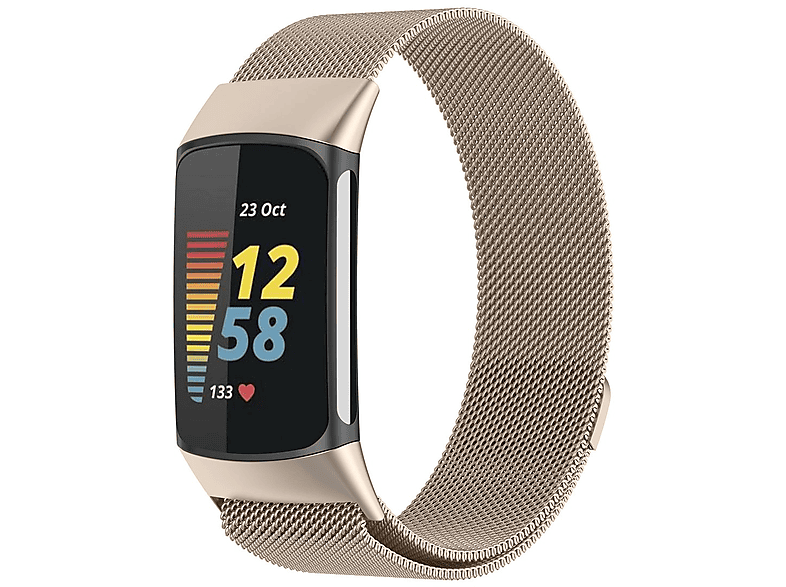 WIGENTO Stahl Metall Mesh Design Band mit Magnetverschluss, Ersatzarmband, Fitbit, Charge 6 / 5, Beige