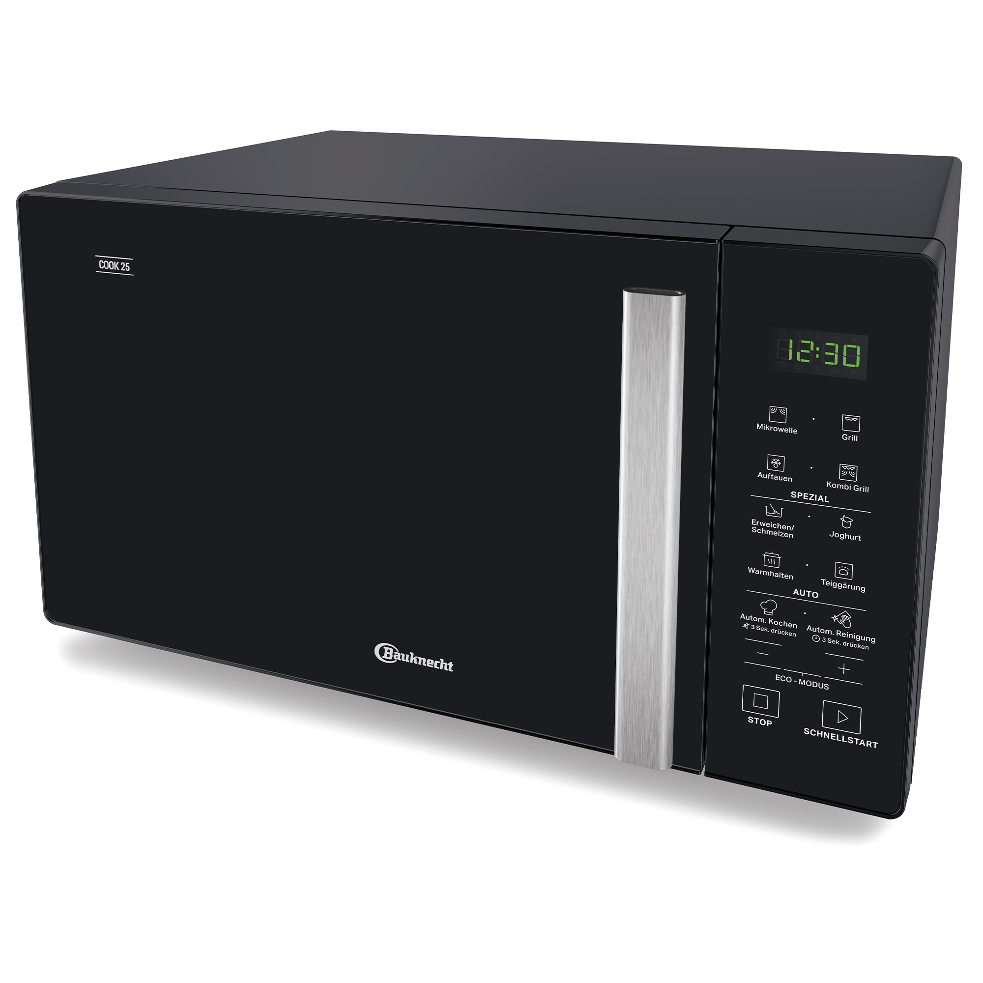 Ein schwarzer Mikrowellenofen mit silbernem Griff und digitaler Anzeige.