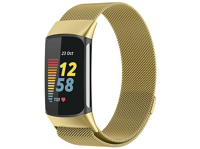 WIGENTO Stahl Metall Mesh Design Band mit Magnetverschluss, Ersatzarmband, Fitbit, Charge 6 / 5, Gold