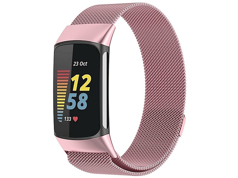 WIGENTO Stahl Metall Mesh Design Band mit Magnetverschluss, Ersatzarmband, Fitbit, Charge 6 / 5, Pink | Smartwatch Armbänder