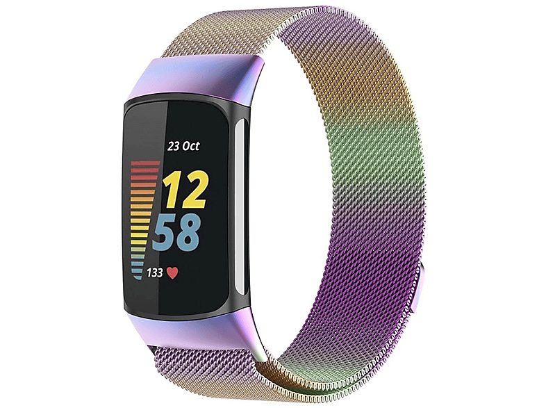 WIGENTO Stahl Metall Fitbit, Magnetverschluss, 5, Band Design / Charge Colorful mit 6 Mesh Ersatzarmband