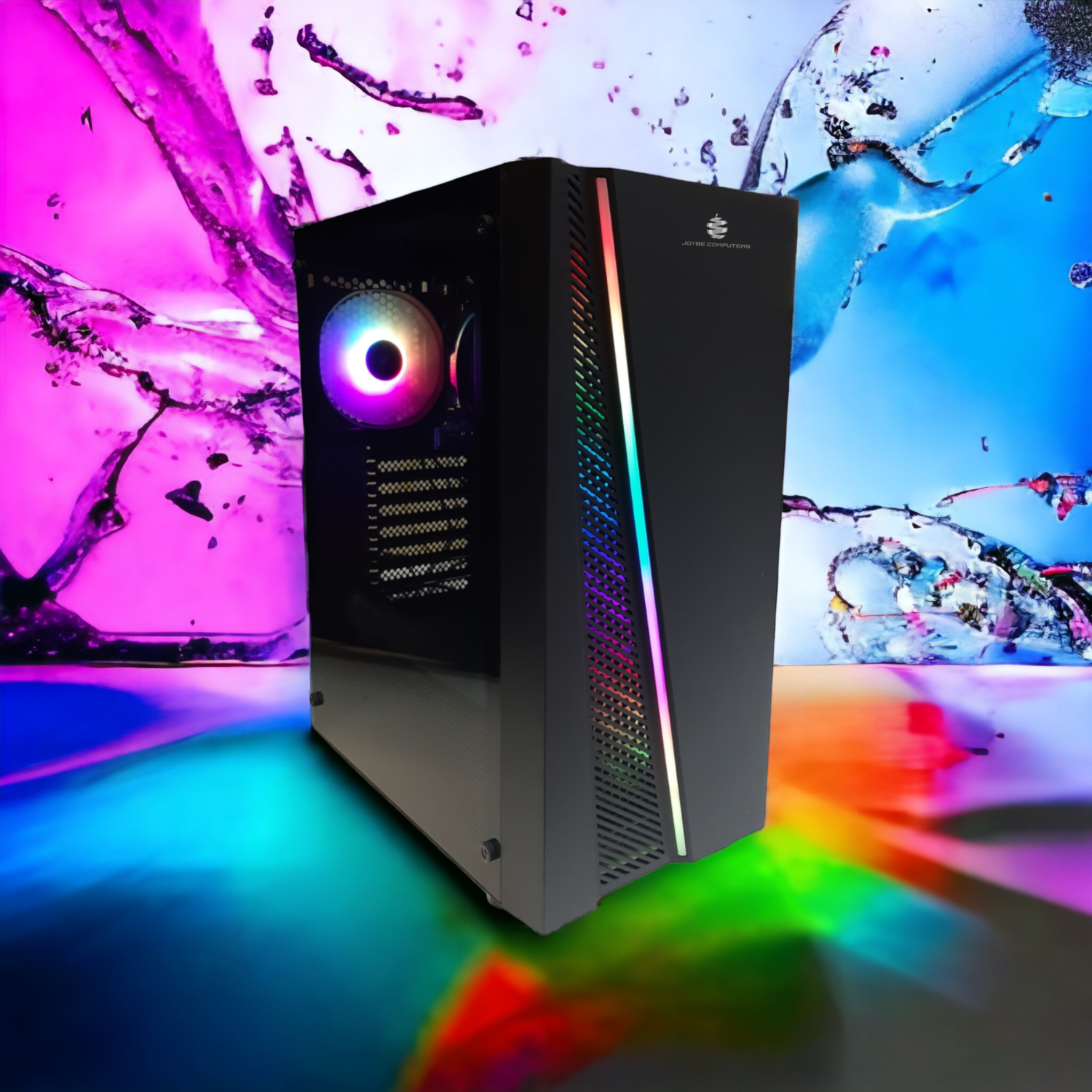 Case del computer nero con ventola a luce arcobaleno, sfondo colorato. Design moderno.