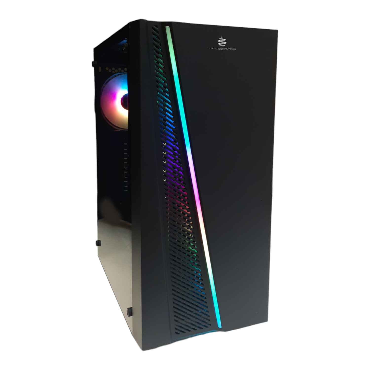 Case per computer nero con luci RGB sul davanti, pannello laterale in vetro e sfondo bianco.