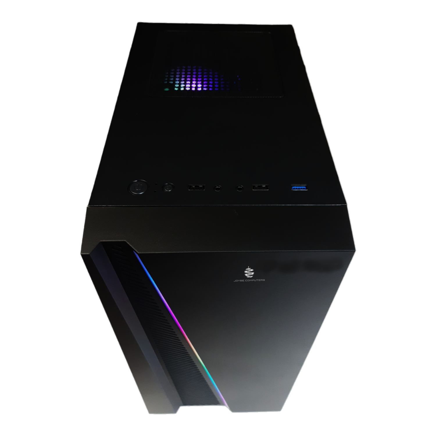 Torre del computer nera con una striscia di luce arcobaleno e un top in mesh.