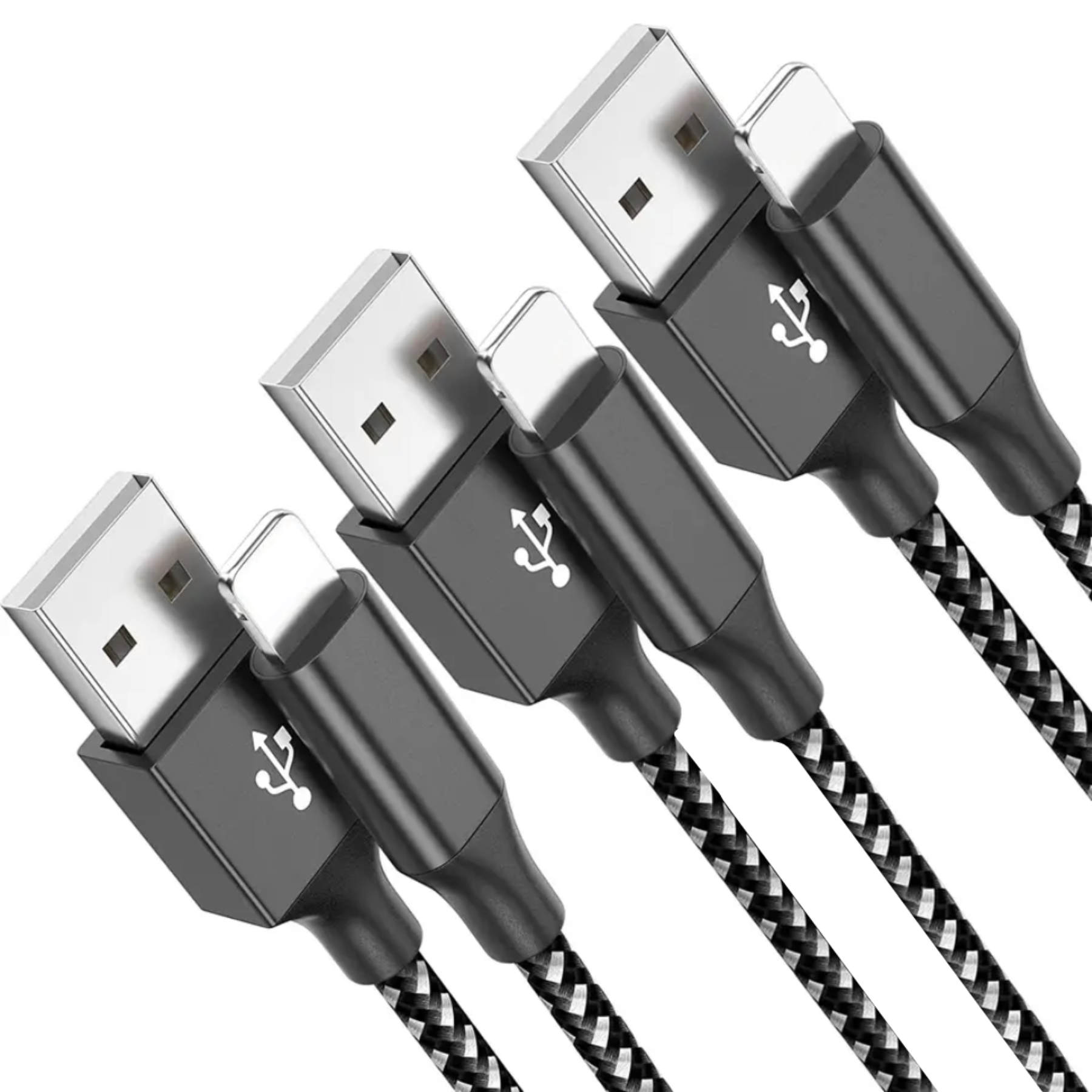 Drei USB-zu-Lightning-Kabel. Jedes Kabel ist schwarz und grau, mit USB- und Lightning-Anschluss.