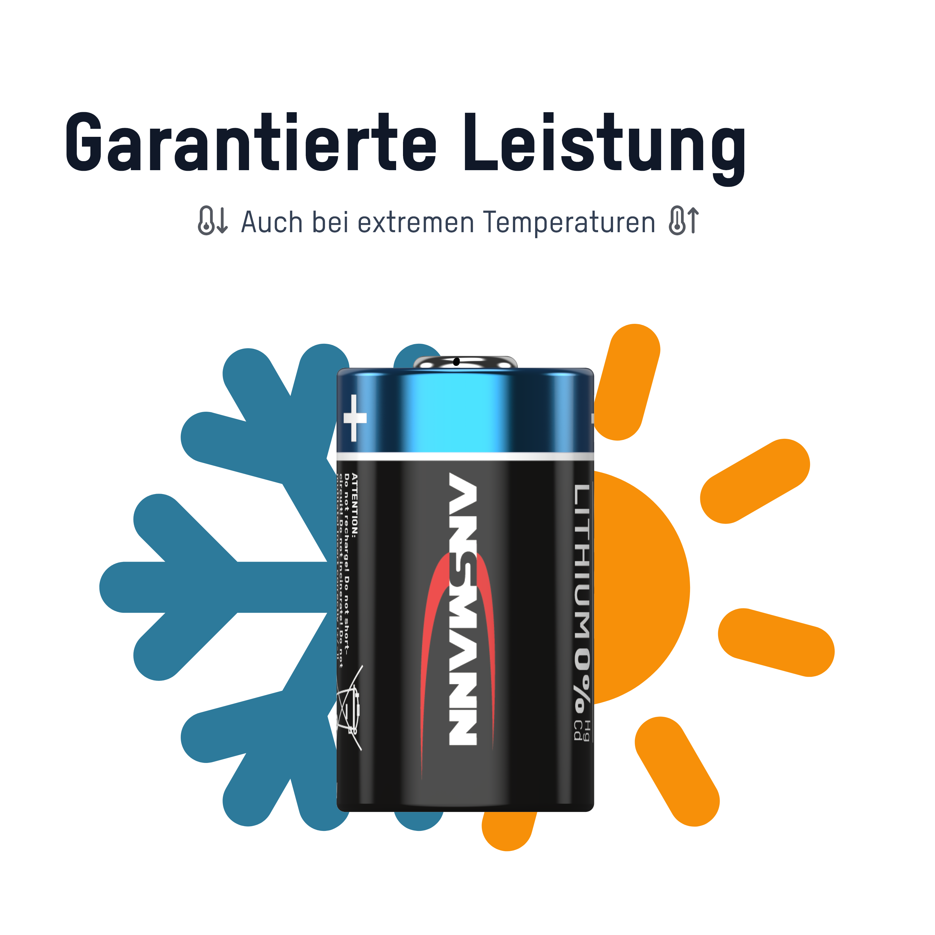 AA-Batterie mit dem Text 'ANSMANN LITHIUM 1,5 V'. Sonnen- und Schneeflocken-Symbole mit Text.
