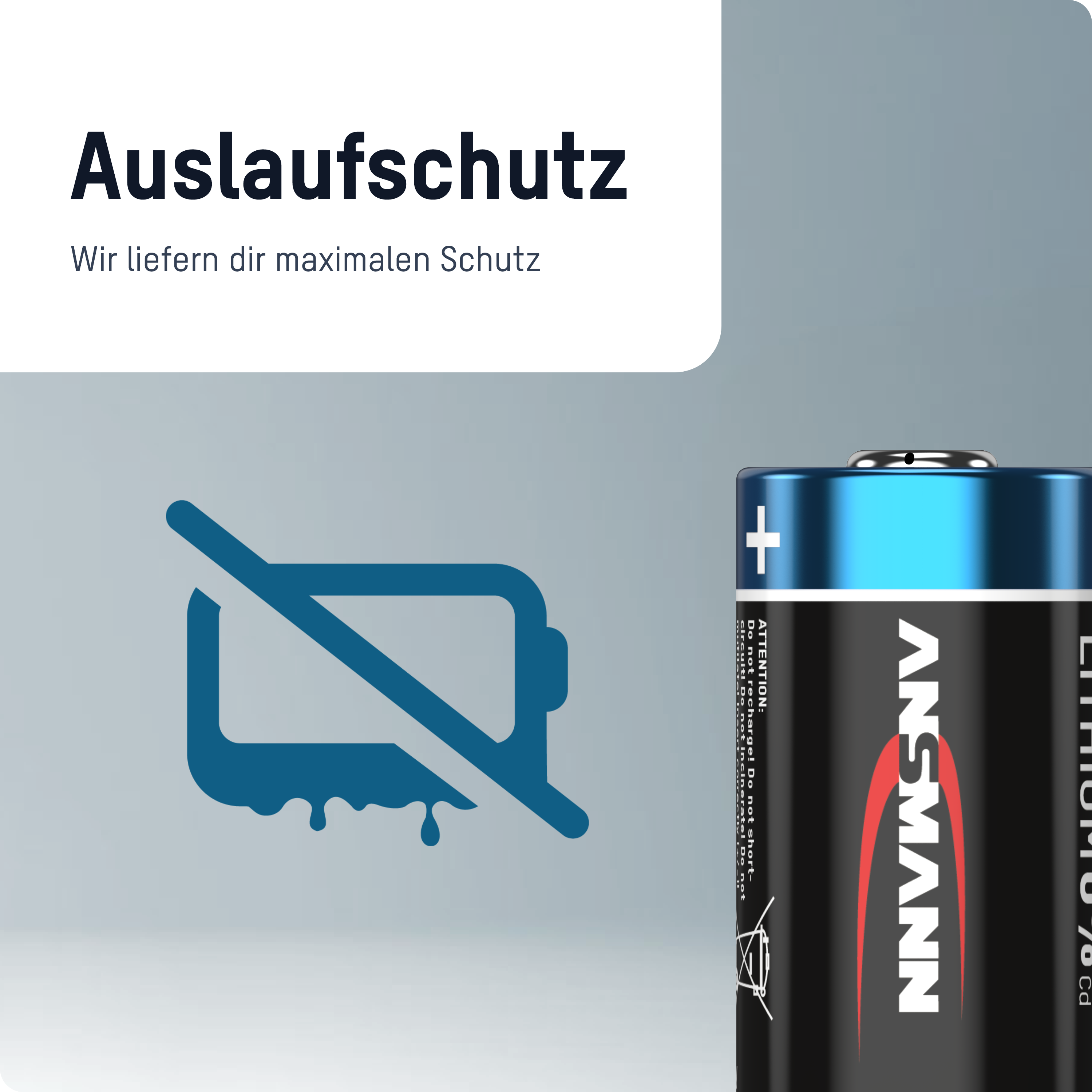 Eine Batterie mit einem Kein-Laden-Symbol, das vor Auslaufen schützt.