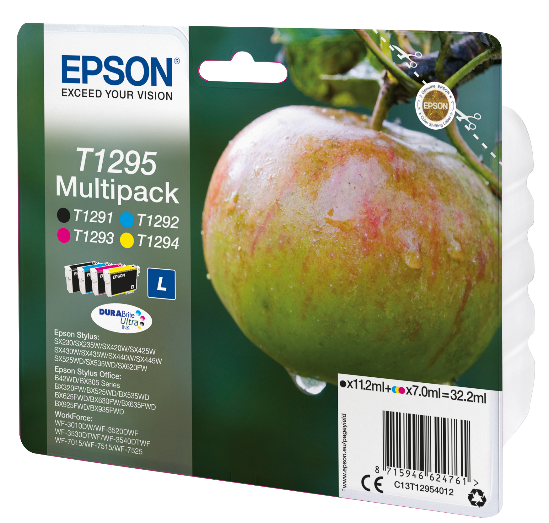 Pudełko z wkładami atramentowymi Epson T1295 multipack z zielonym jabłkiem obok. Widoczne są krople wody.
