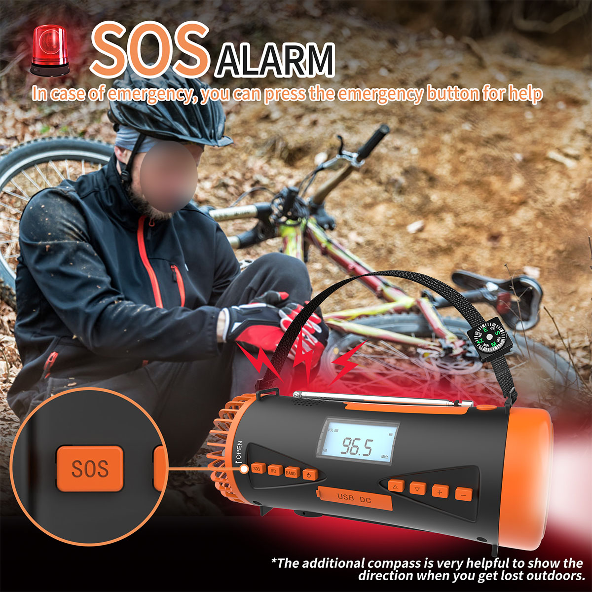 Persona con brújula, radio y bicicleta en el suelo en el bosque, con un botón de alarma SOS.