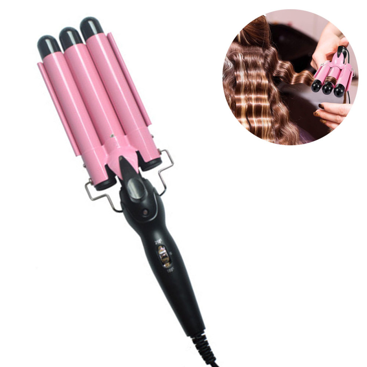 Pinker Haarwellenformer mit schwarzem Griff. Auf der rechten Seite wird ein Lockenstab verwendet.