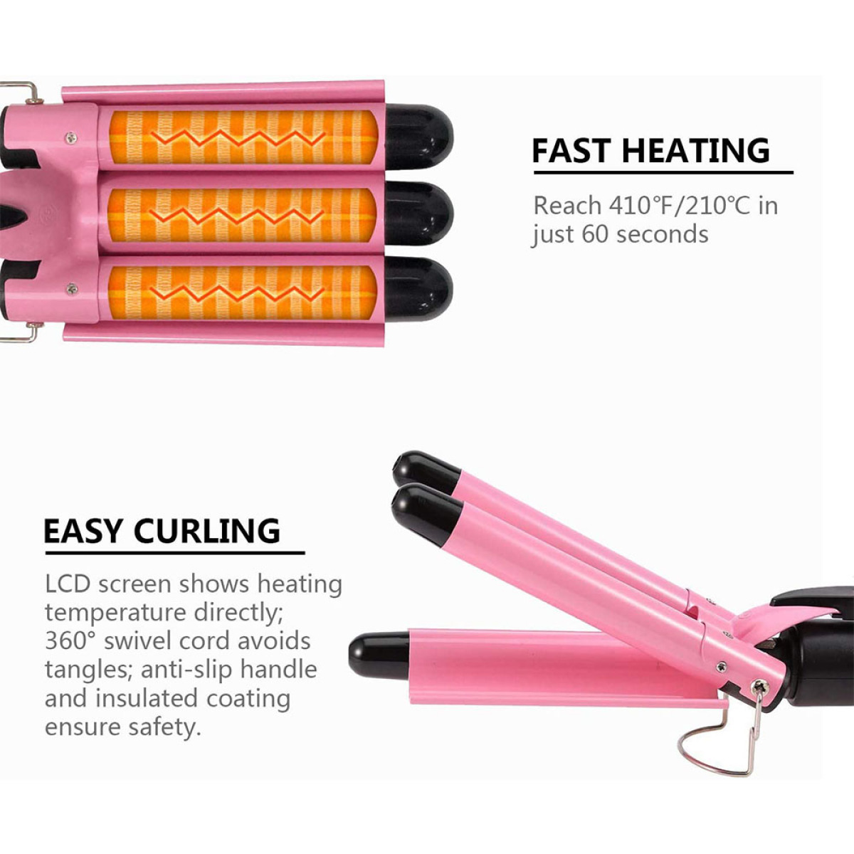 Ein rosa Haarlockenstab mit Text über schnelles Aufheizen und einfaches Locken. Es hat einen schwarzen Griff.