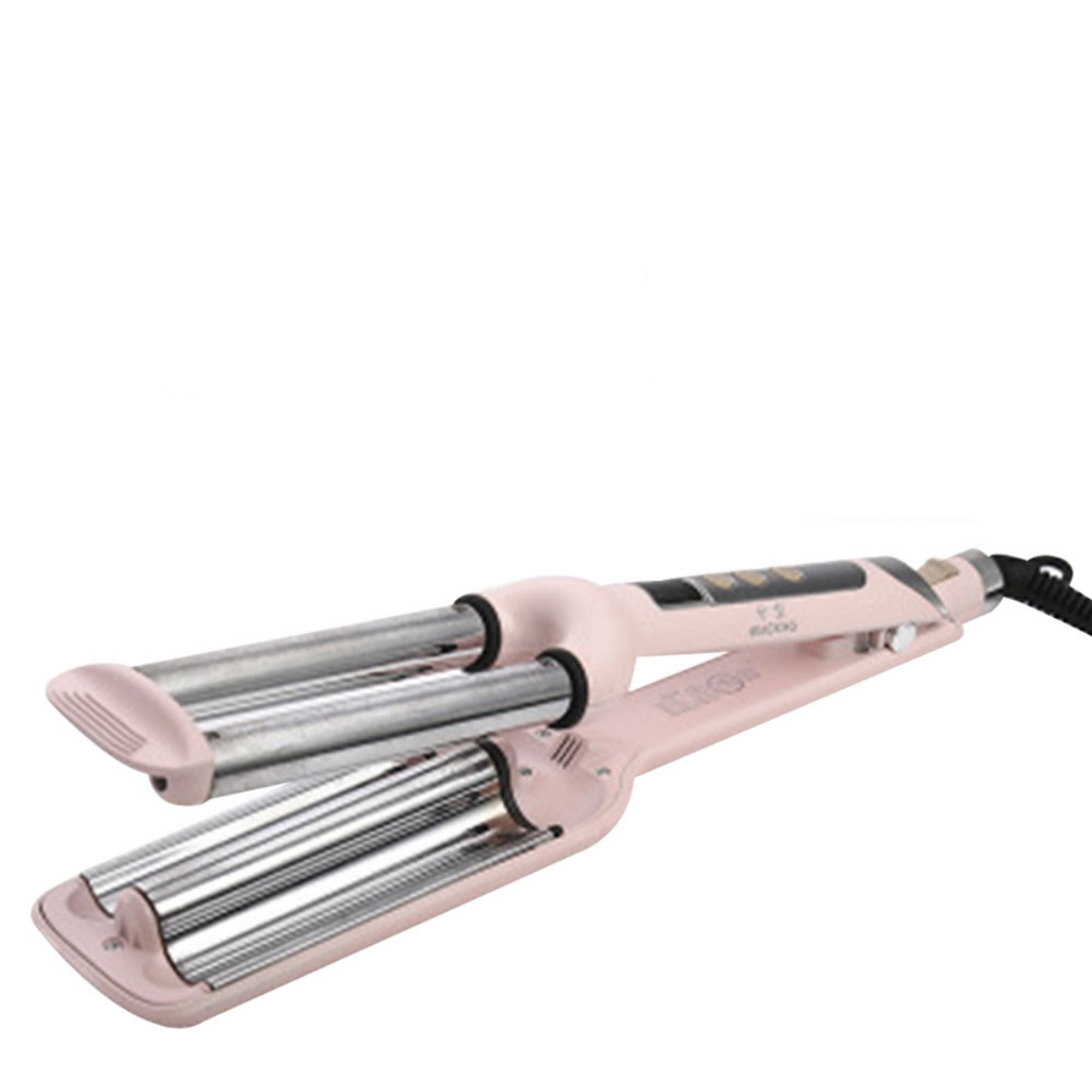 Rosafarbener Haar-Crimper mit zwei Heizplatten, schwarzem Kabel und rosa Griff.