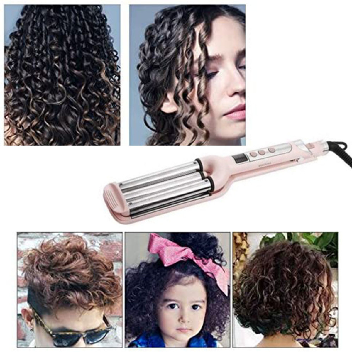 Haar-Lockenstab und Beispiele für Lockenfrisuren bei verschiedenen Personen.