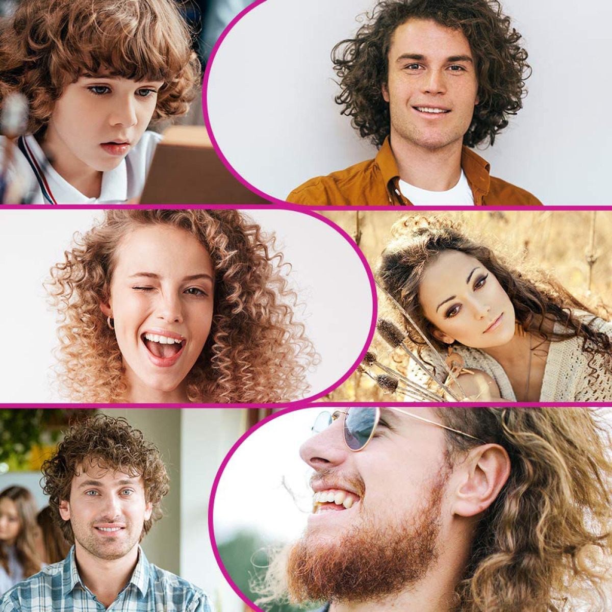 Collage von sechs Personen mit lockigem Haar, in verschiedenen Stilen und Umgebungen.