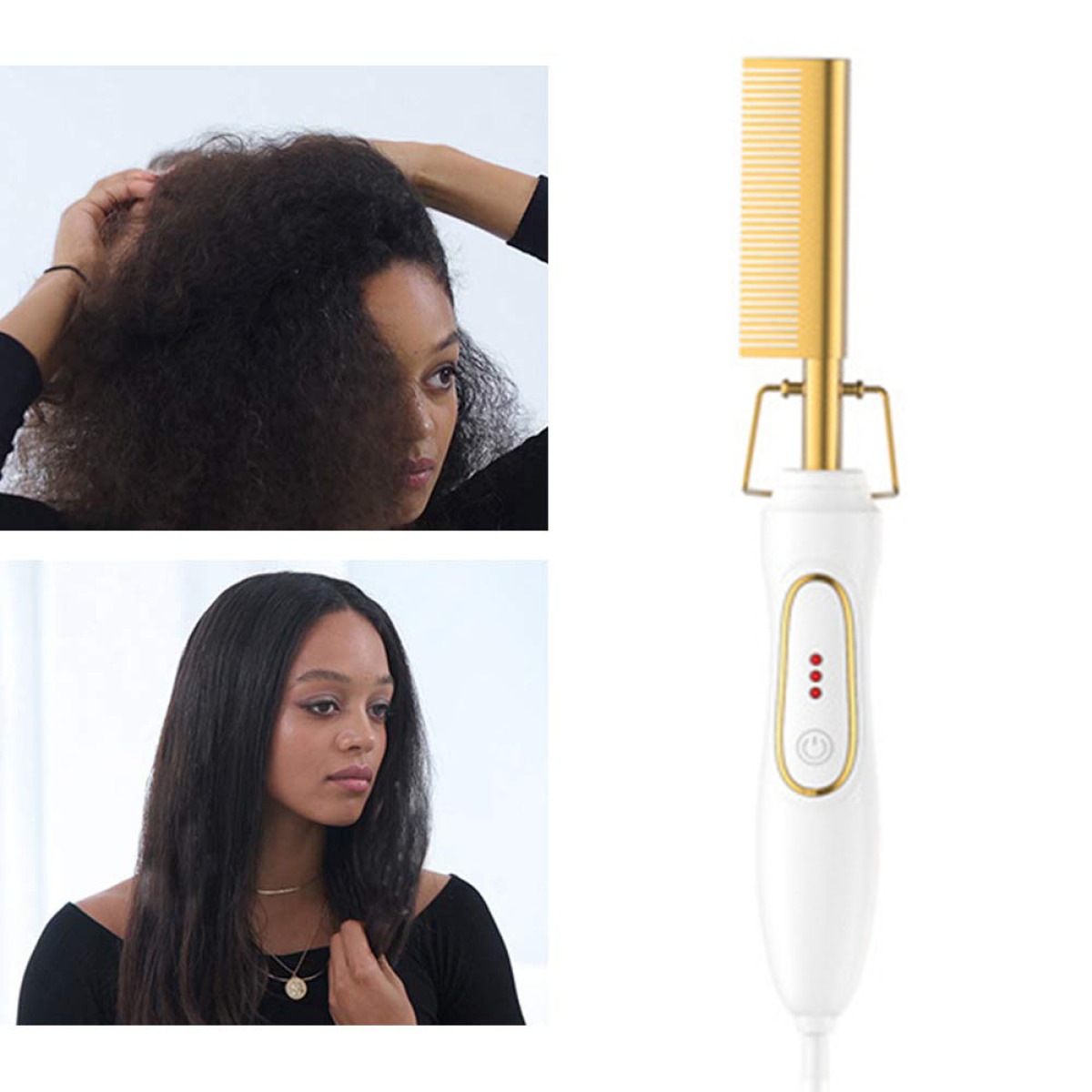 Haare vor und nach der Verwendung eines Kamm-Haarglätters, das Gerät rechts.