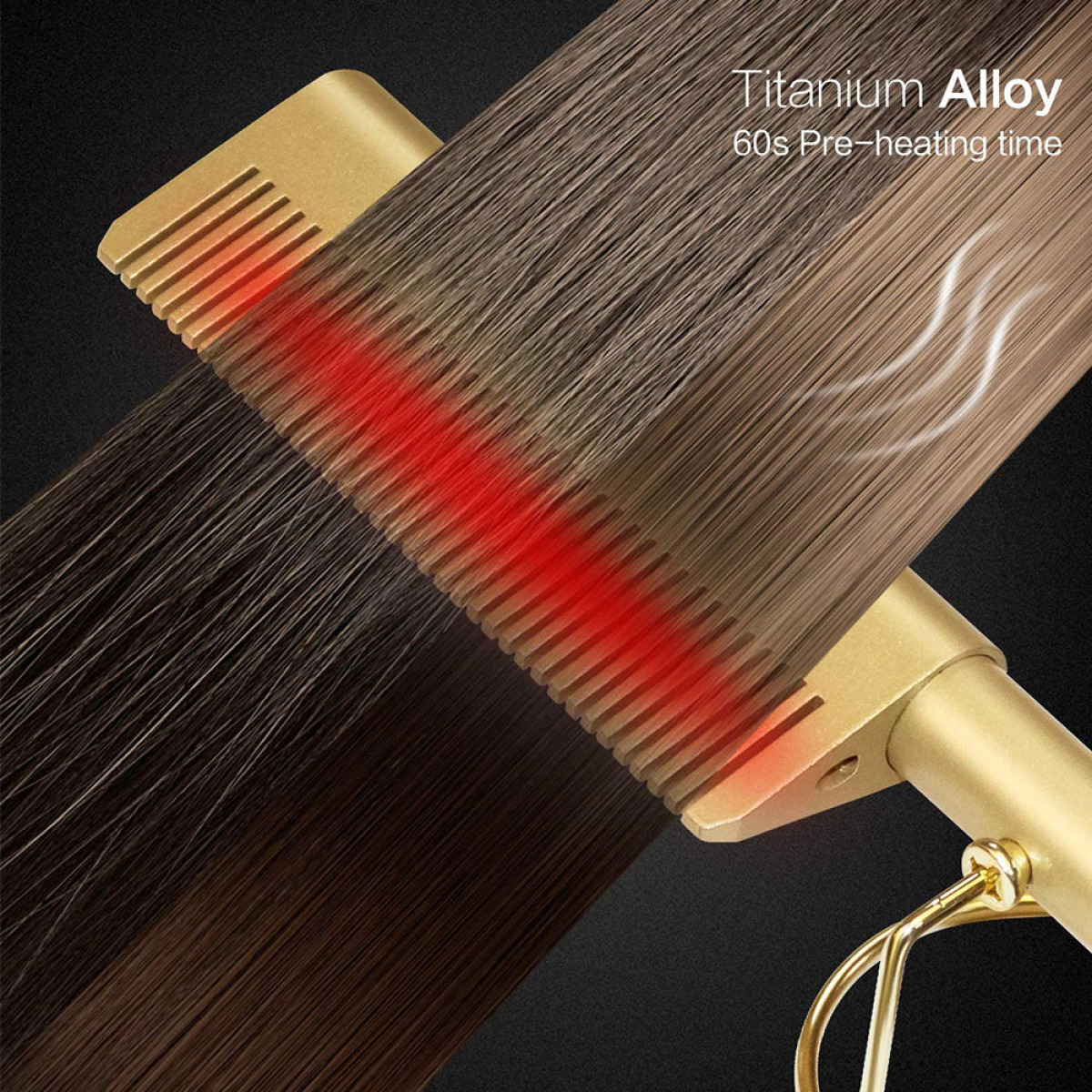 Haarglätter mit goldenem Gehäuse und kammähnlichem Abschnitt. Der erhitzte Bereich zeigt ein rotes Glühen, das das Haar glättet.