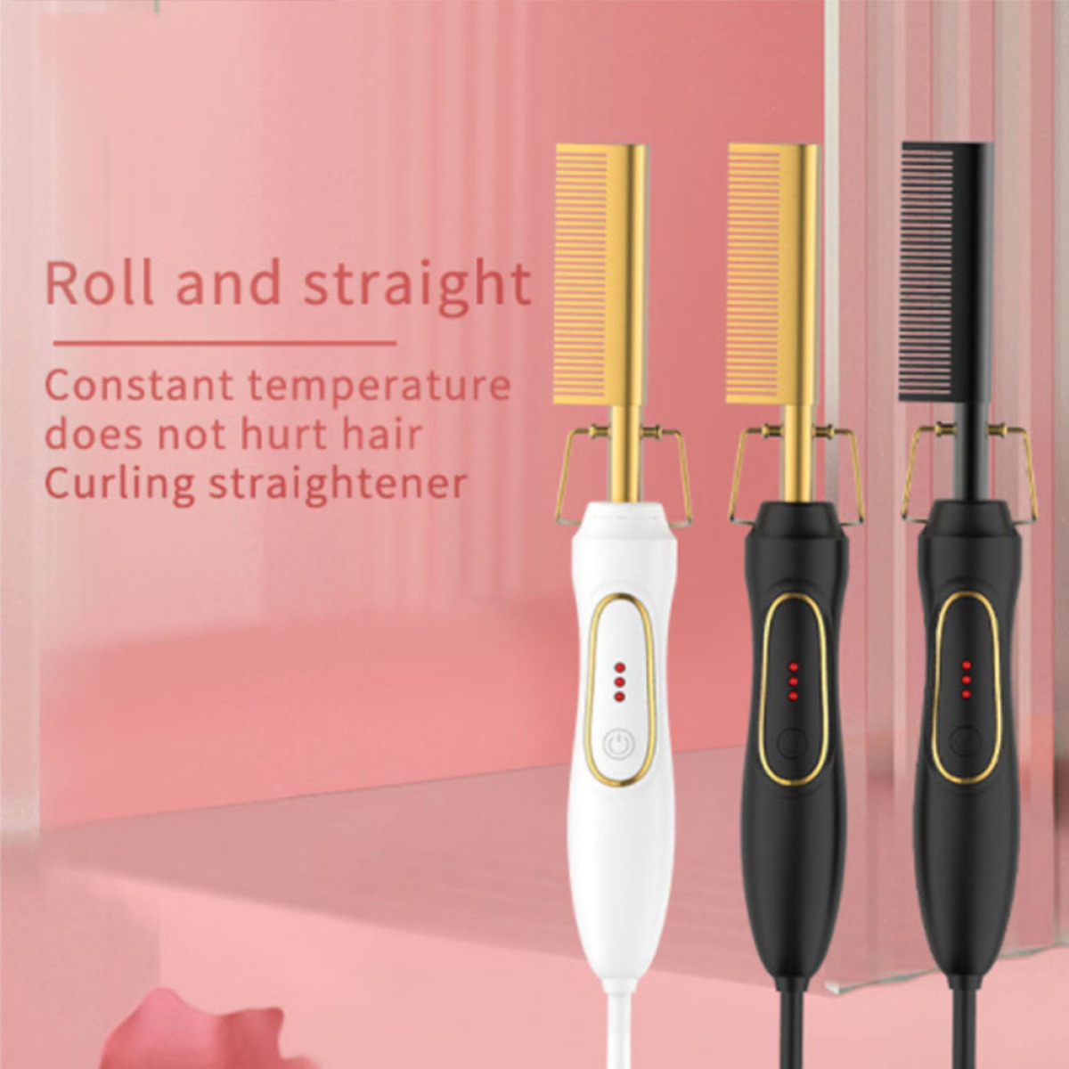 Haarglättungskämme. Drei Geräte: weiß, schwarz und gold. Rosa Hintergrund, Text über das Locken.