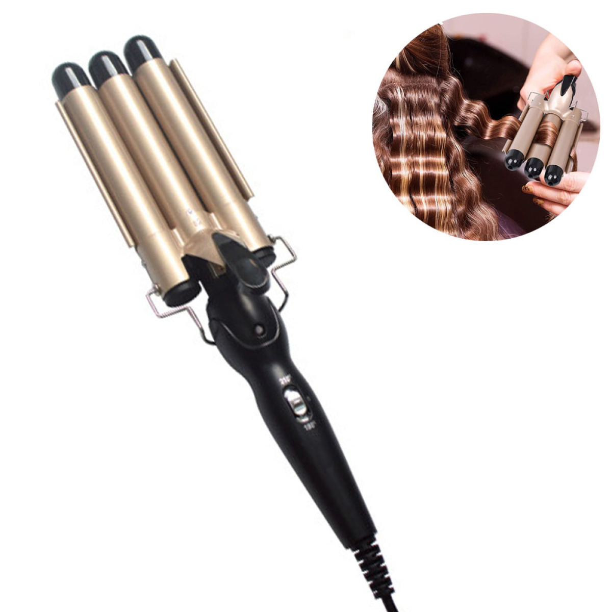 Haar-Curler mit drei Läufen, goldene Farbe. Eine Innenansicht zeigt den Curler in Gebrauch auf dem Haar.