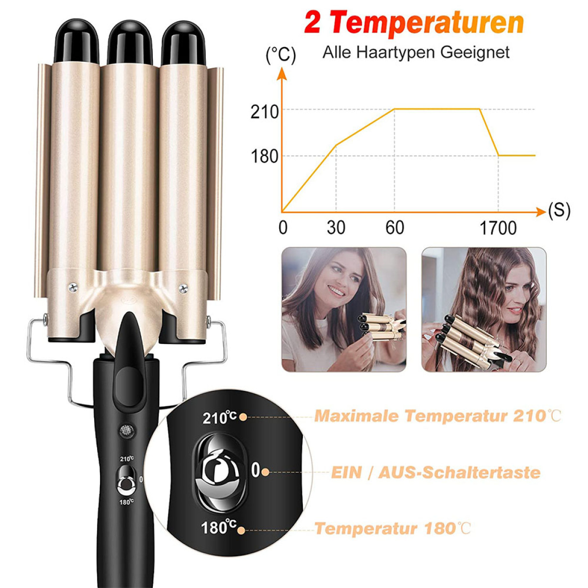 Goldener Haarweller. Bild zeigt Temperatureinstellungen, Diagramm und Anwendungsbeispiele an Frauen.