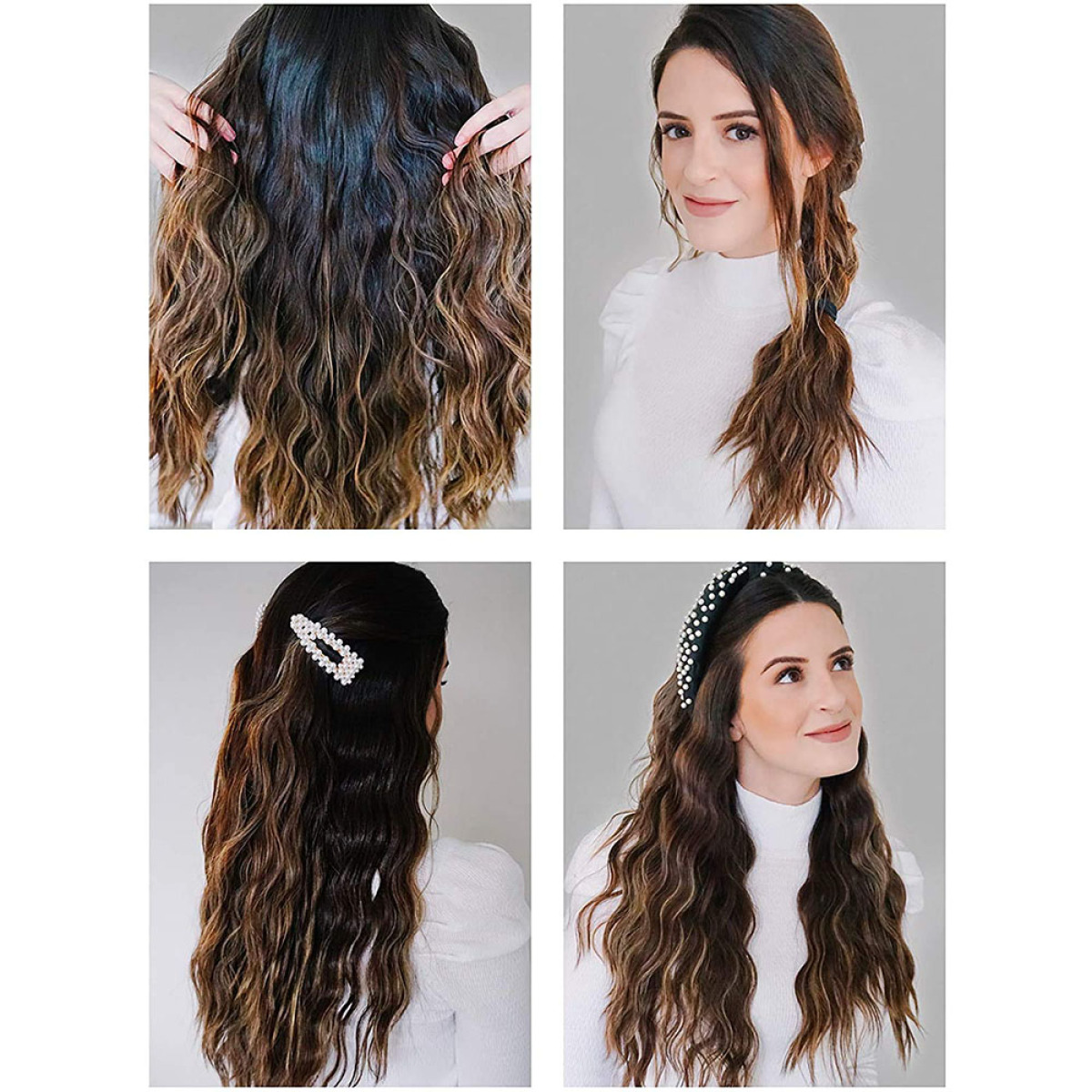 Das Bild zeigt vier Fotos einer Frau, die ihr Haar stylt, von losen Wellen bis zu einem Zopf und Clips.