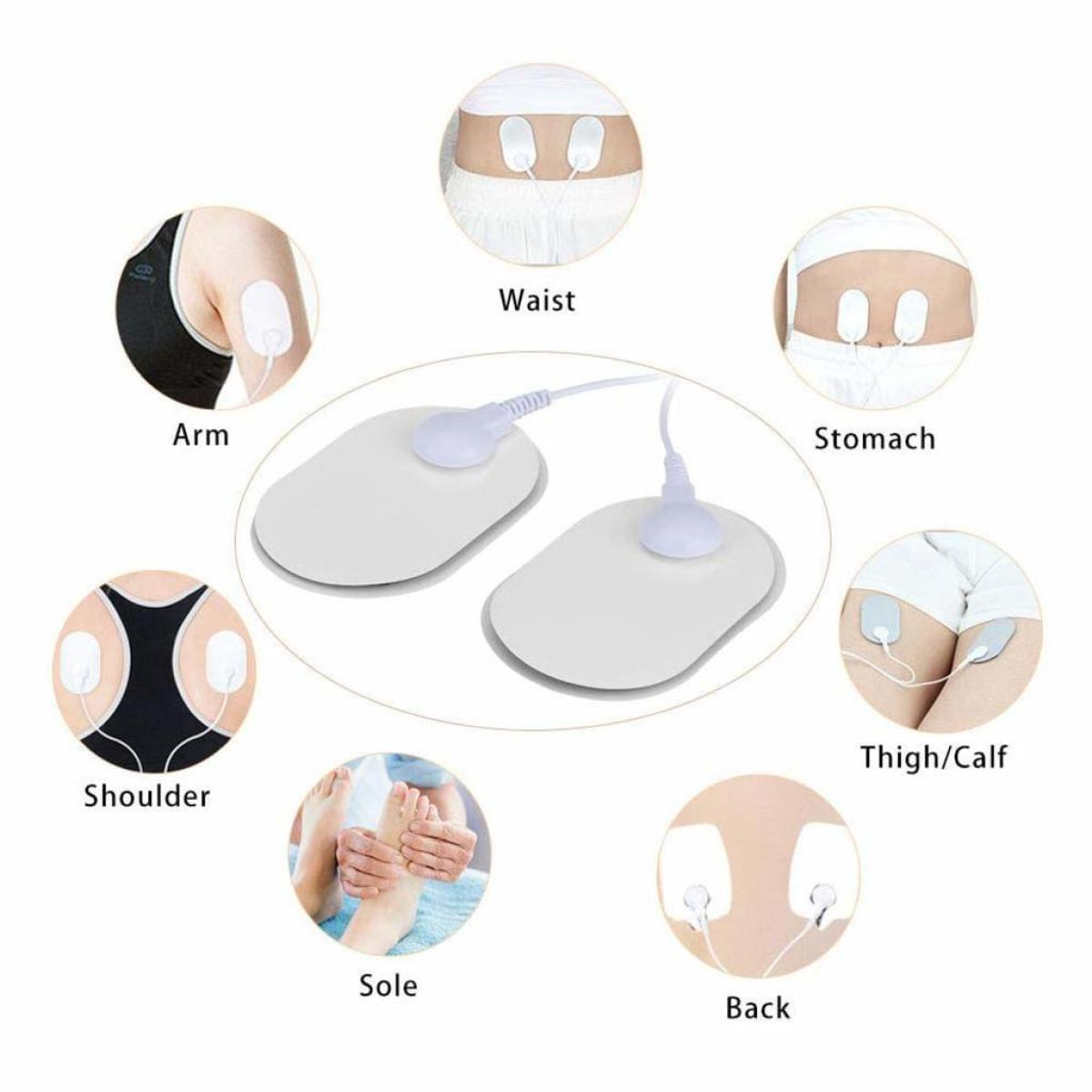 Diagramm von Körperbereichen mit Pads zur Muskelstimulation, einschließlich Taille, Arm und Schulter.
