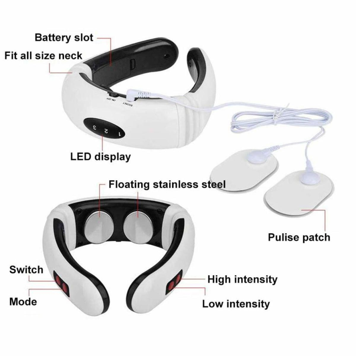 Weißer Nackenmassagegerät mit Bedienelementen, LED-Anzeige und zwei Pulspflastern. Schwarz-weißes Design.