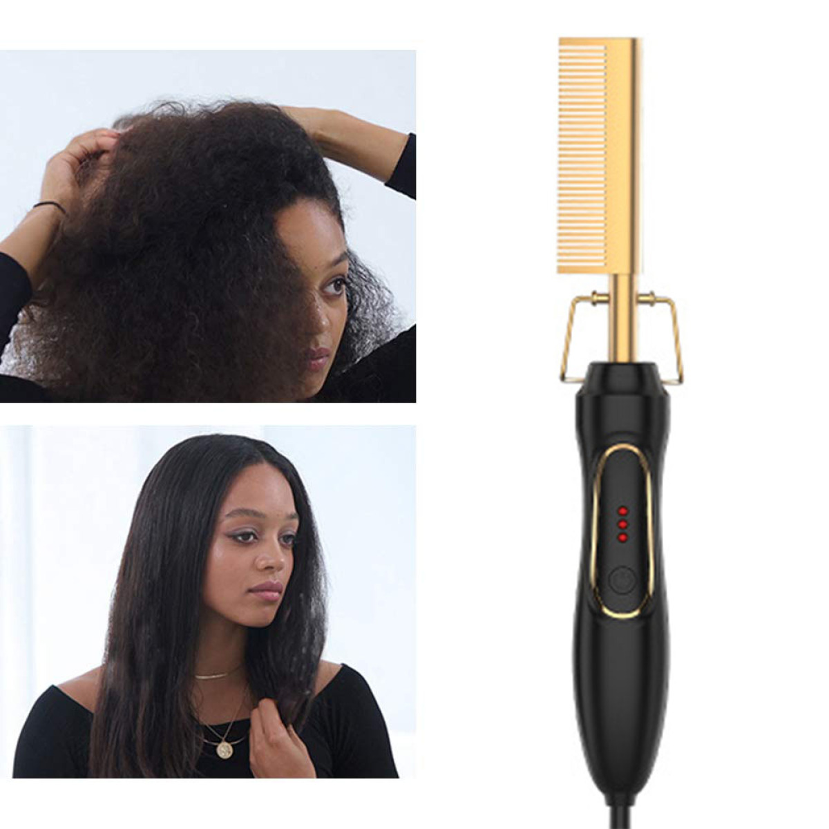 Frau mit lockigem und glattem Haar, mit einem schwarzen Haarglätter. Weißer Hintergrund.