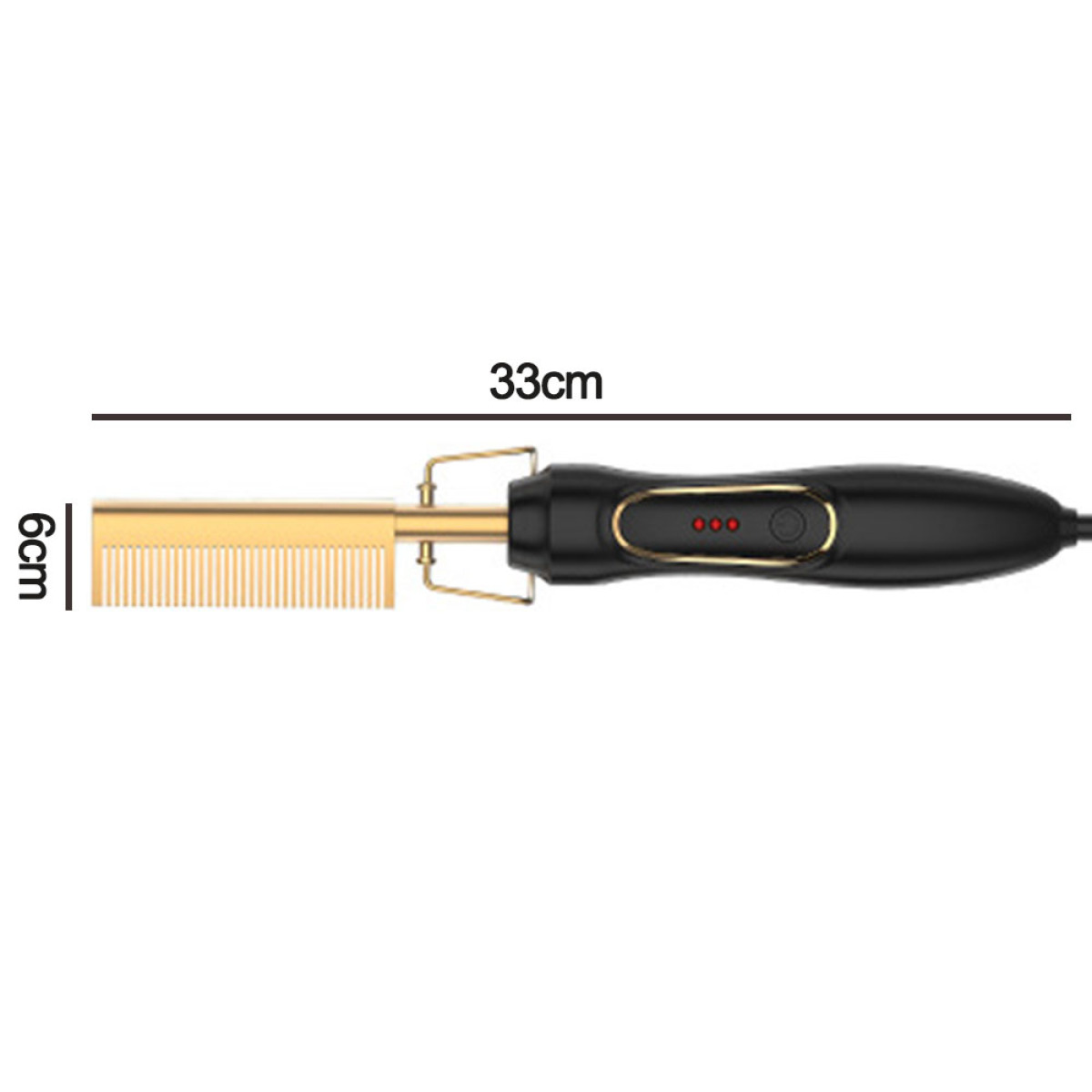 Haarglättungskamm mit Messung von 33 cm und 6 cm.
