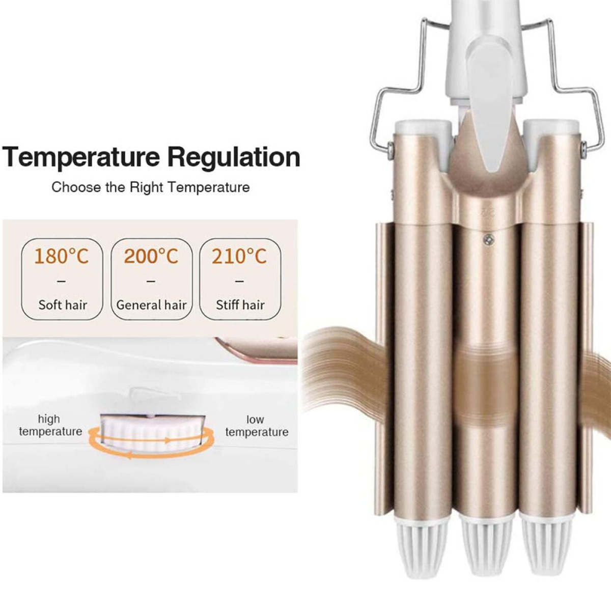 Haarwickler mit Temperatureinstellungen und Beschreibungen für Haartypen.