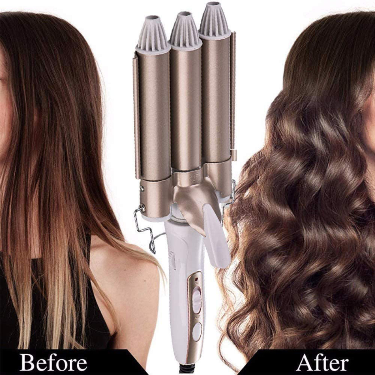 Haarstyling-Werkzeug, Locken machen. Vorher-Nachher-Aufnahmen, die zeigen, wie glattes Haar zu Locken wird.